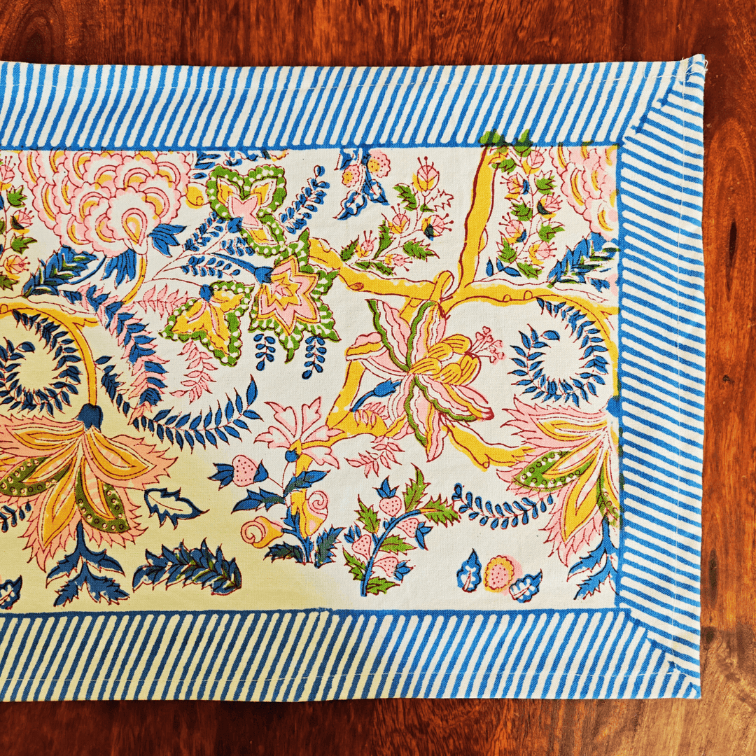 Gulel Hand Block Print Table Runner, 100% cotton, 13" x 72"-SHOBITAM