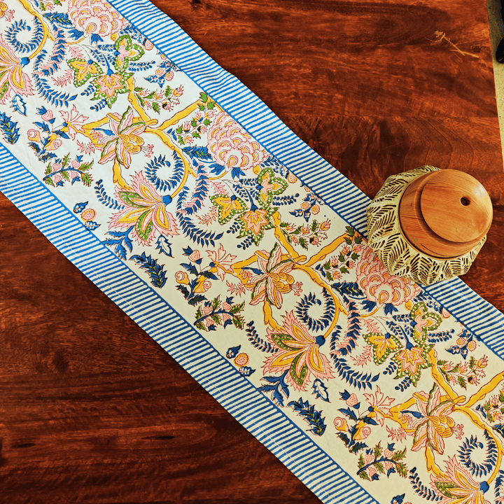 Gulel Hand Block Print Table Runner, 100% cotton, 13" x 72"-SHOBITAM
