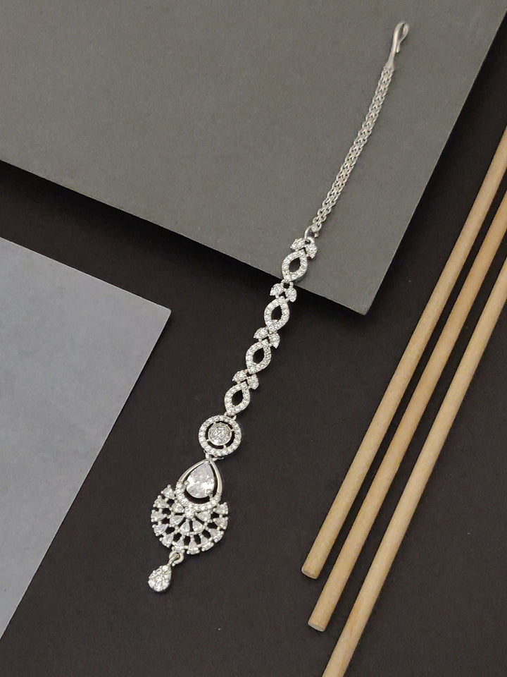 Silver Plated CZ Bridal Elegant Teardrop Maangtikka | SHOBITAM