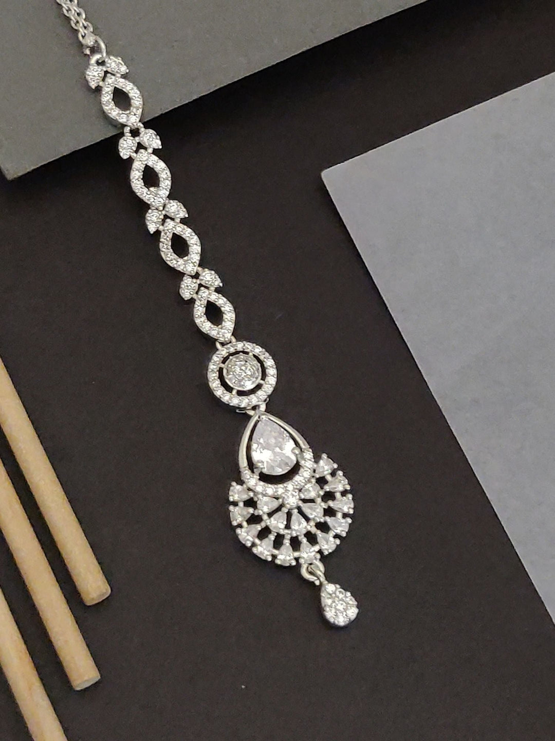 Silver Plated CZ Bridal Elegant Teardrop Maangtikka | SHOBITAM