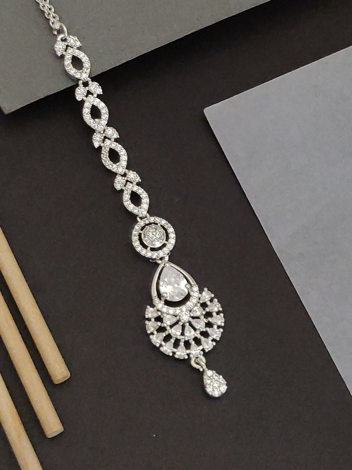 Silver Plated CZ Bridal Elegant Teardrop Maangtikka | SHOBITAM