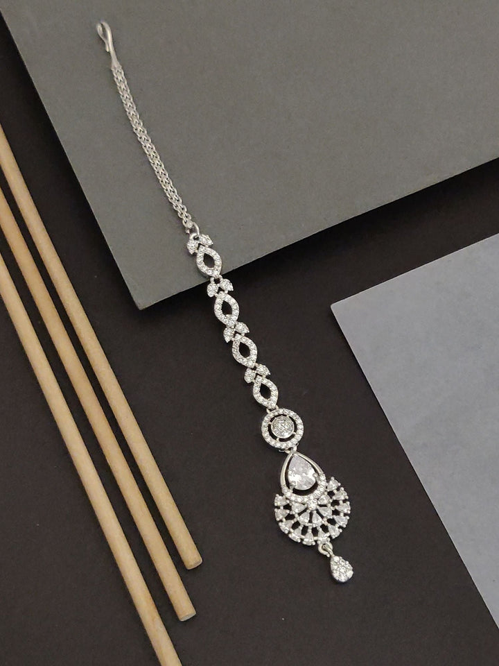 Silver Plated CZ Bridal Elegant Teardrop Maangtikka | SHOBITAM