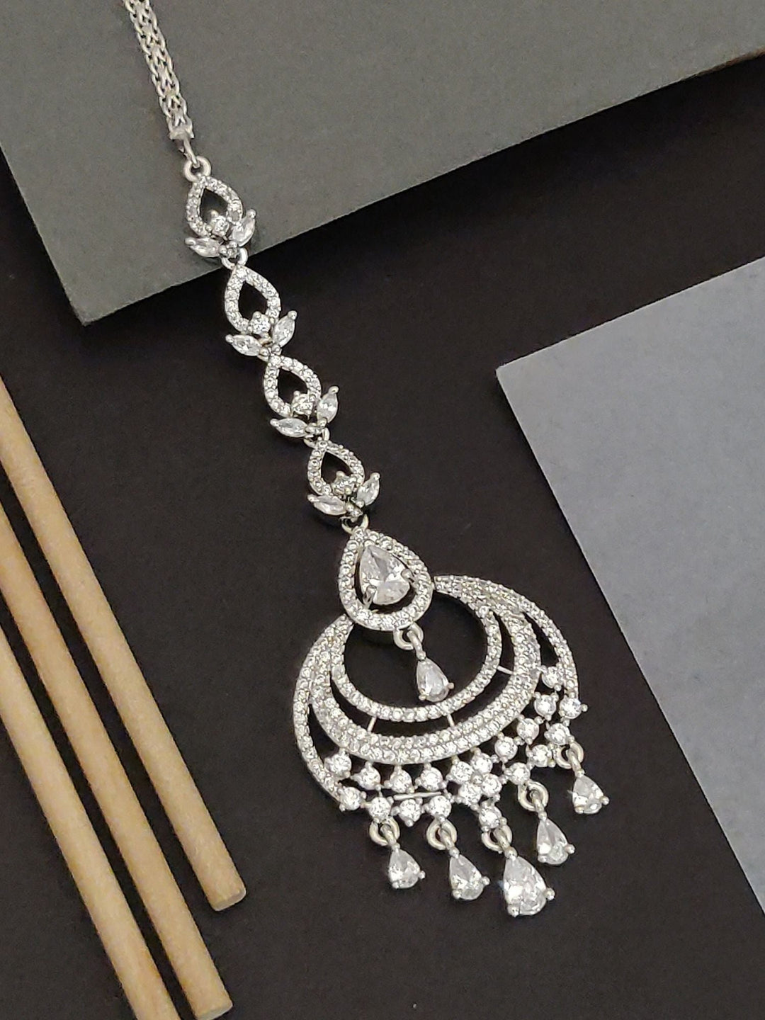 Silver CZ Maangtikka Chandelier Pendant | SHOBITAM