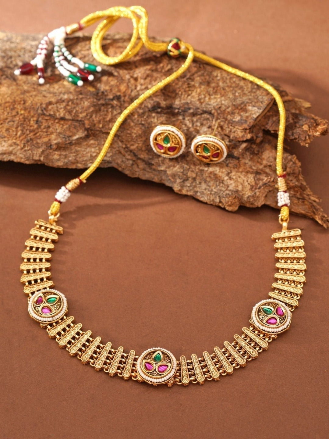 Antique Necklace Set in Gold Plating – Festive | SHOBITAM
