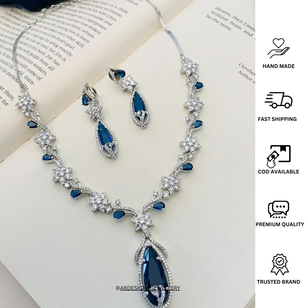 Floral American Diamond Blue Stone Necklace Set | SHOBITAM
