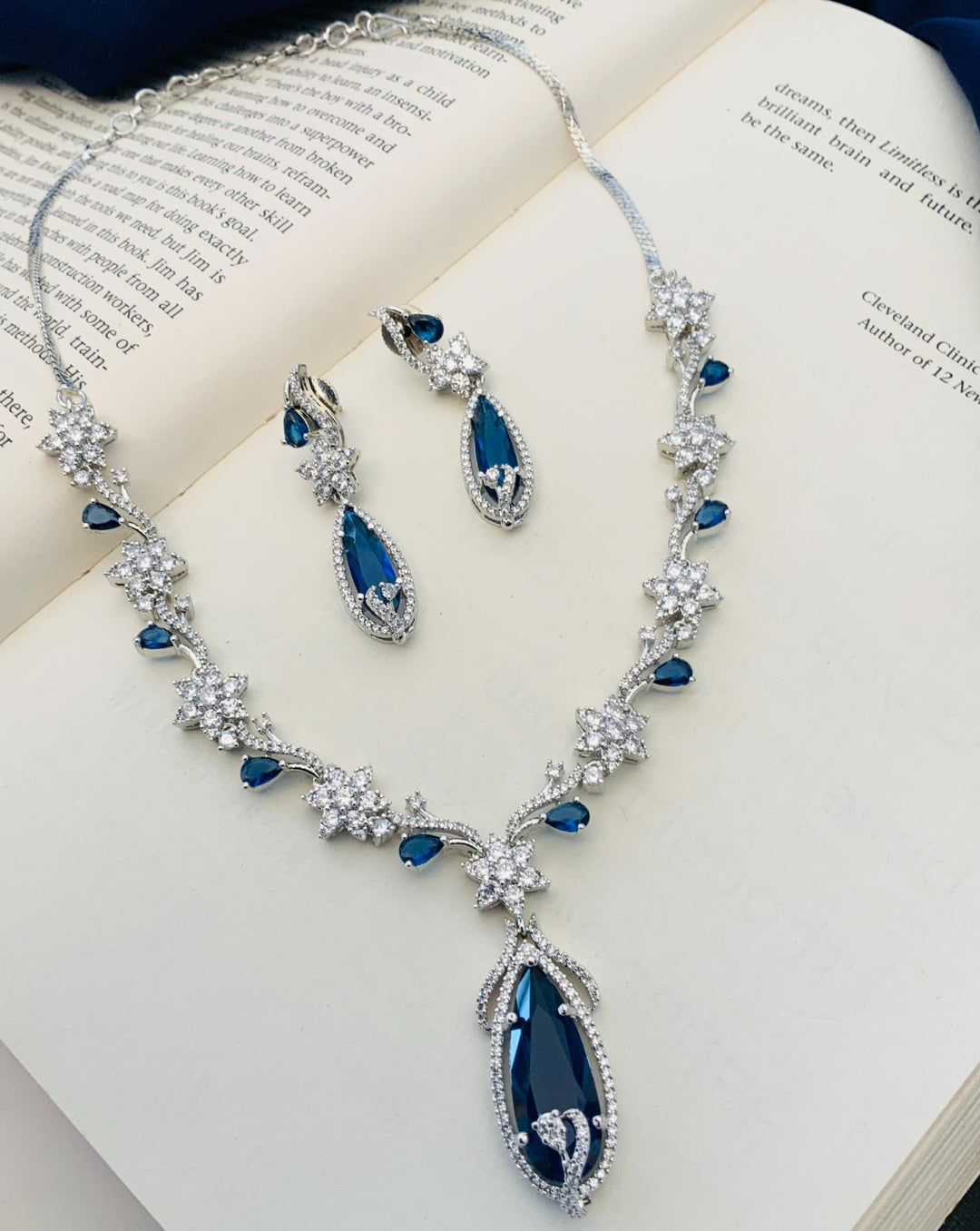 Floral American Diamond Blue Stone Necklace Set | SHOBITAM