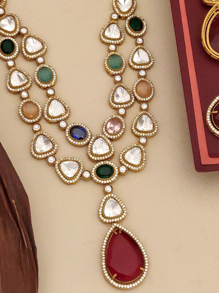 Multicolour Gold Plated Jaipuri Bead Stone Polki Necklace Set | SHOBITAM