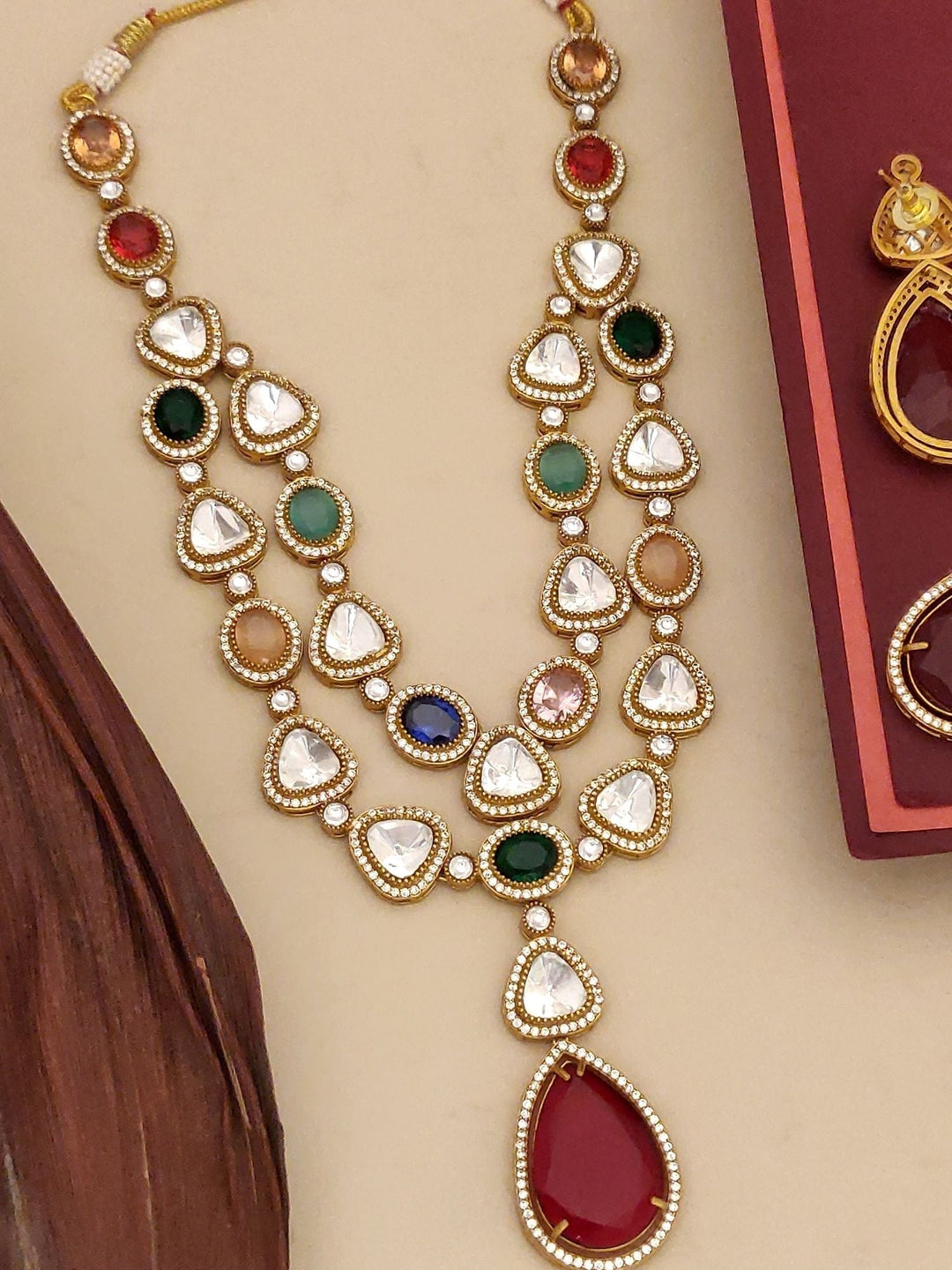 Multicolour Gold Plated Jaipuri Bead Stone Polki Necklace Set | SHOBITAM