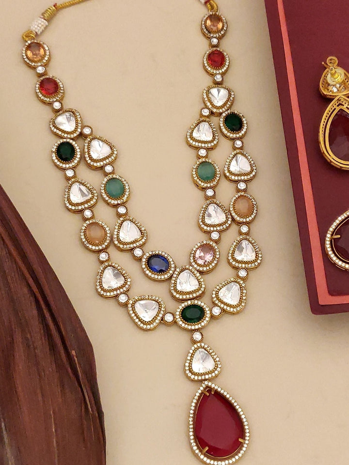 Multicolour Gold Plated Jaipuri Bead Stone Polki Necklace Set | SHOBITAM
