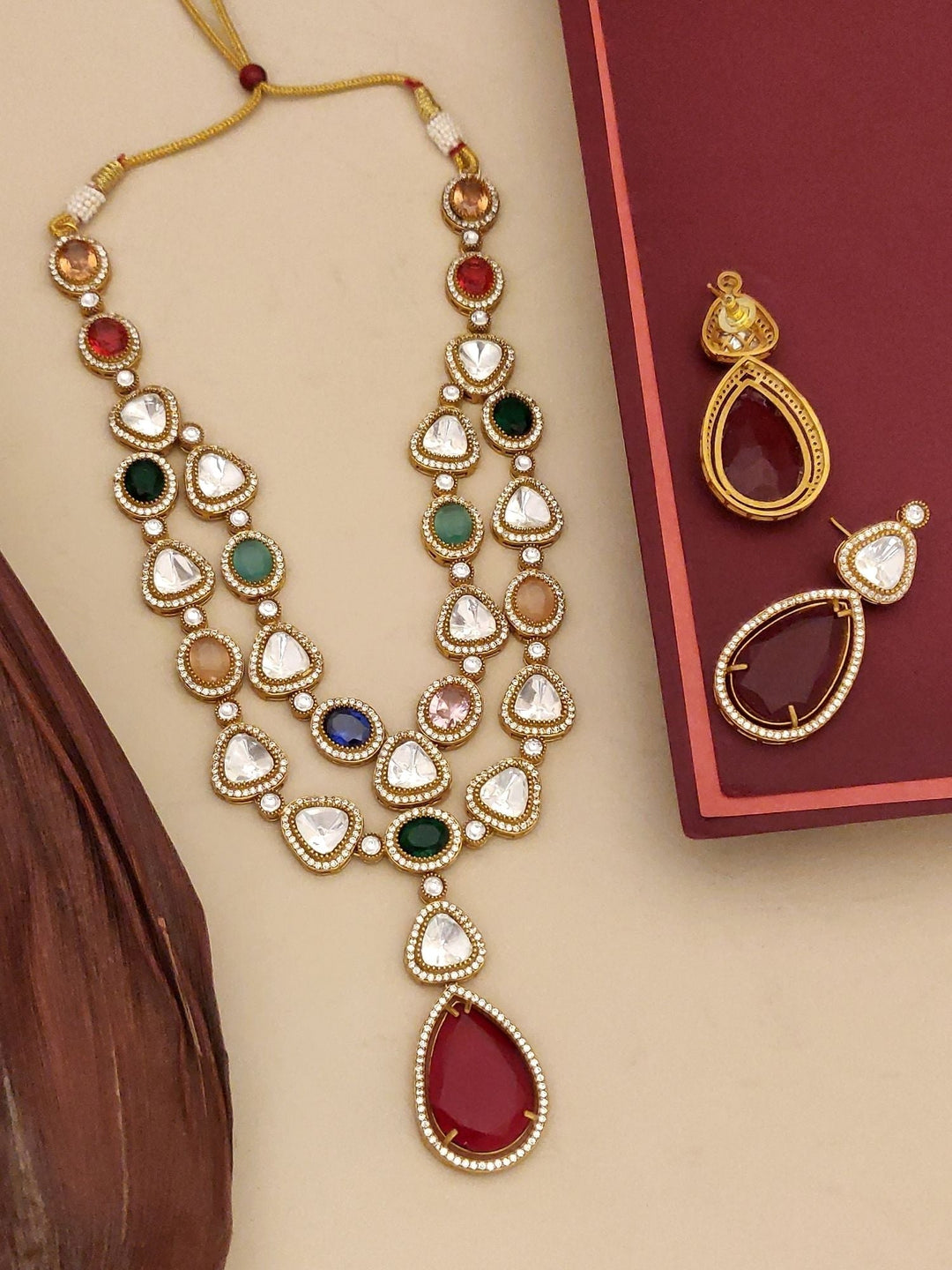 Multicolour Gold Plated Jaipuri Bead Stone Polki Necklace Set | SHOBITAM