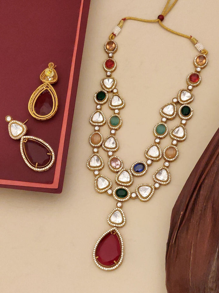 Multicolour Gold Plated Jaipuri Bead Stone Polki Necklace Set | SHOBITAM