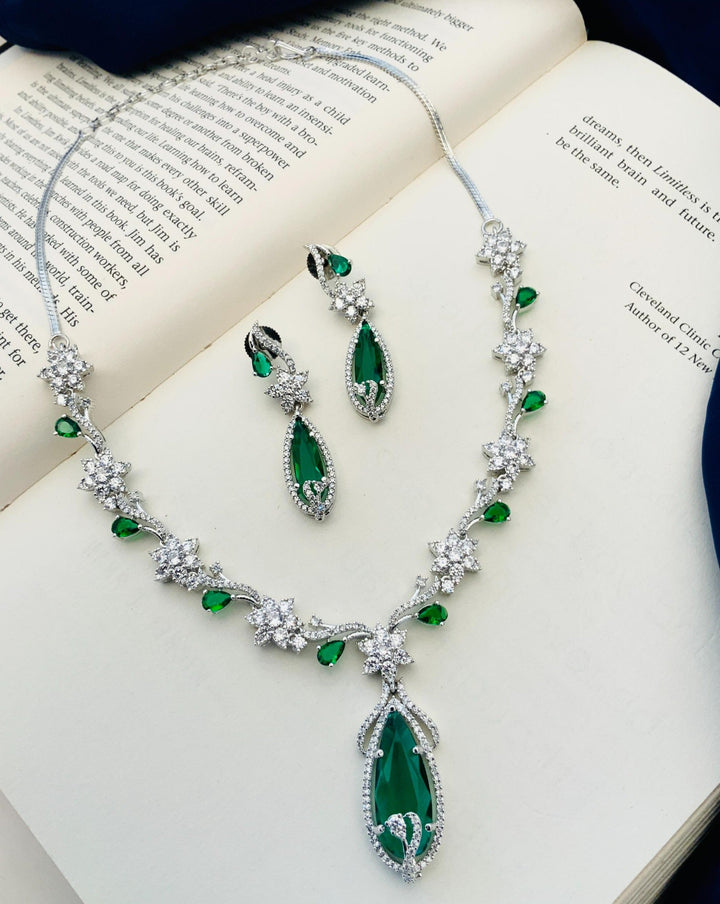 Floral American Diamond Blue Stone Necklace Set | SHOBITAM
