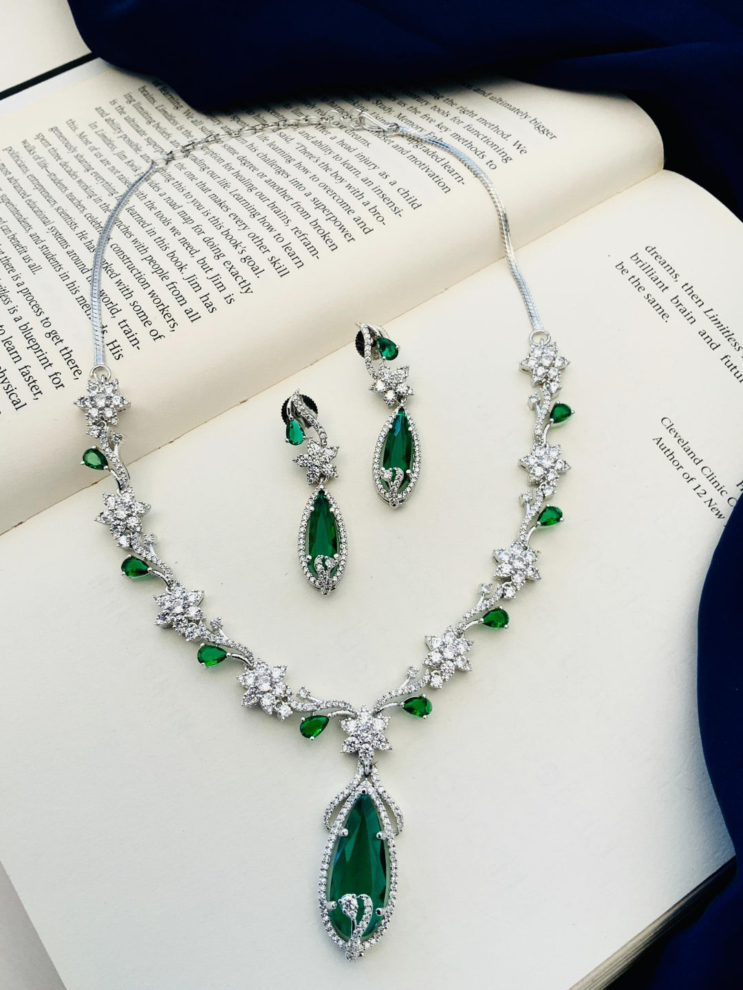 Floral American Diamond Blue Stone Necklace Set | SHOBITAM