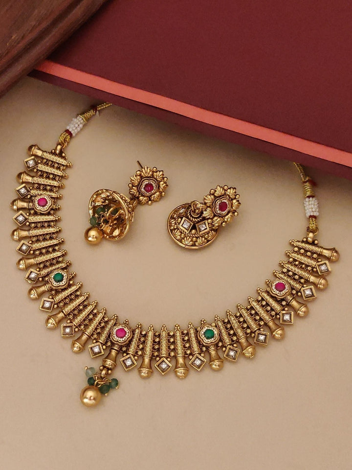 Antique Necklace Set in Gold Plating – Festive | SHOBITAM