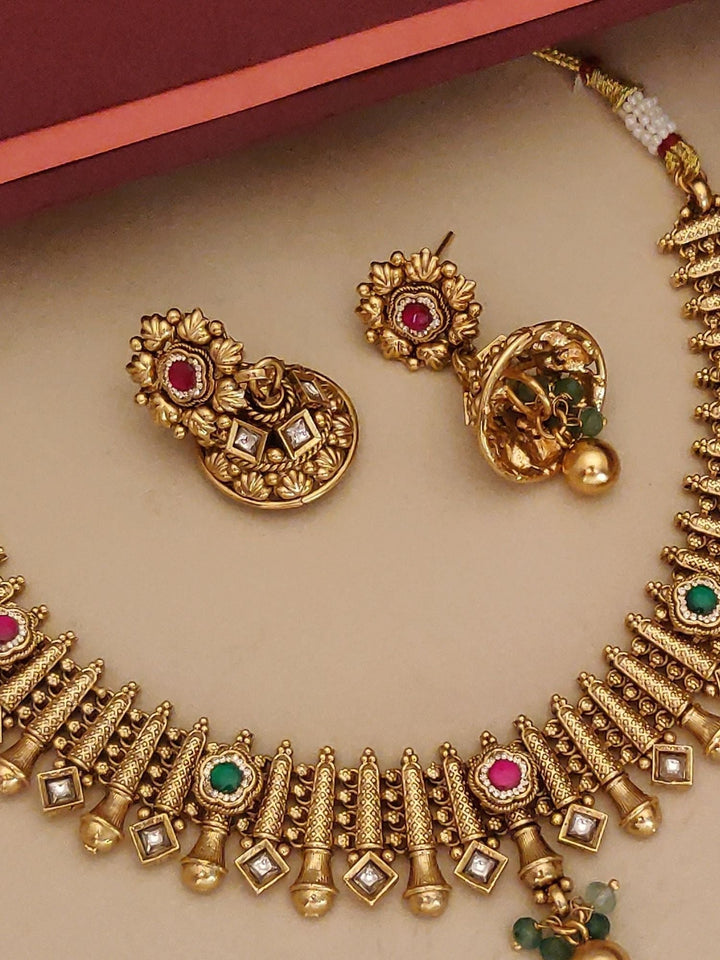 Antique Necklace Set in Gold Plating – Festive | SHOBITAM