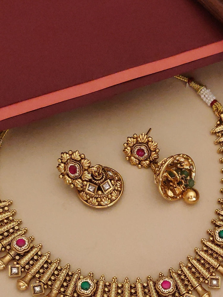Antique Necklace Set in Gold Plating – Festive | SHOBITAM