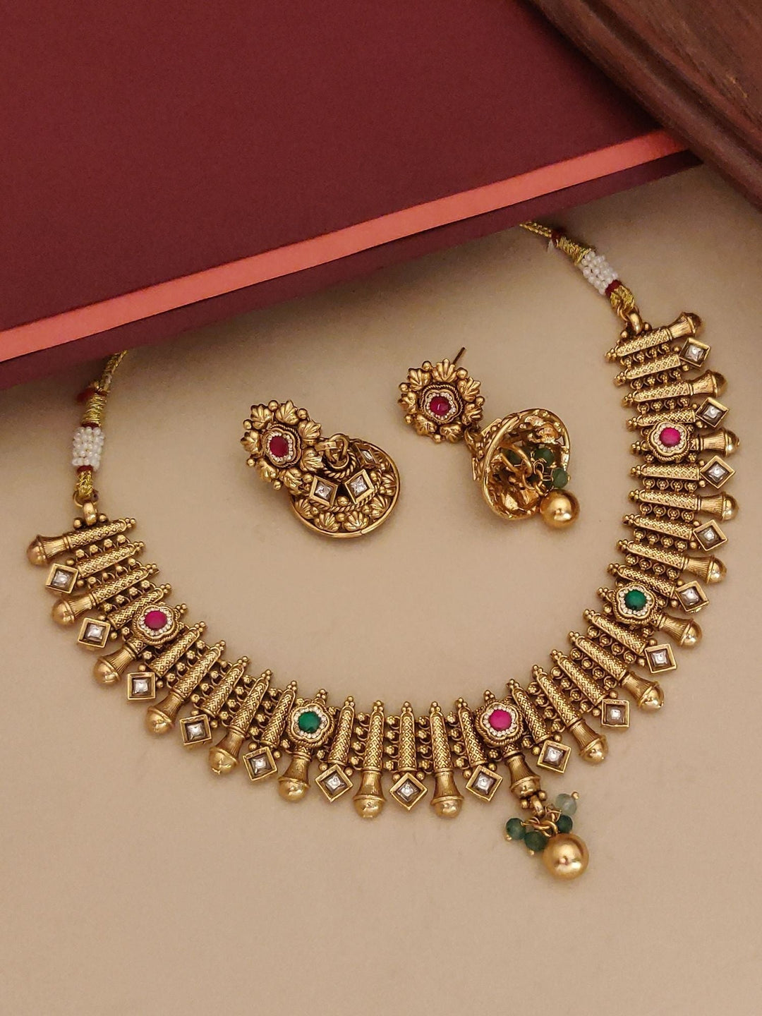 Antique Necklace Set in Gold Plating – Festive | SHOBITAM