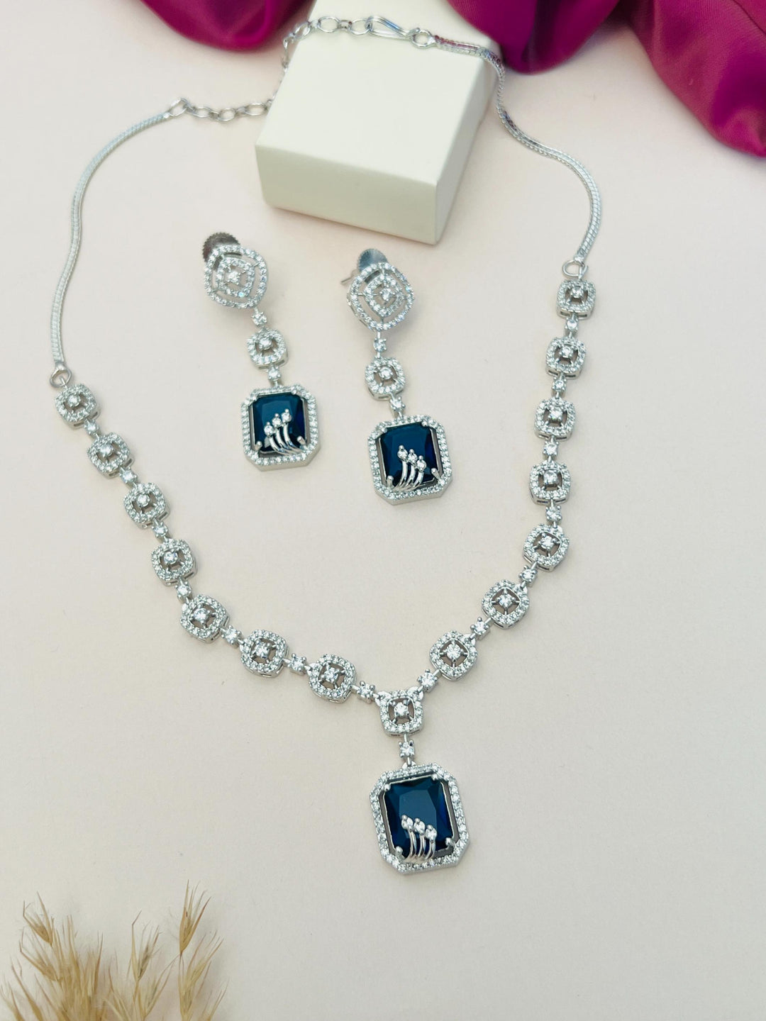 Elegant Square Cut American Diamond Necklace Set | SHOBITAM