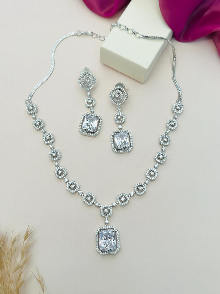 Elegant Square Cut American Diamond Necklace Set | SHOBITAM