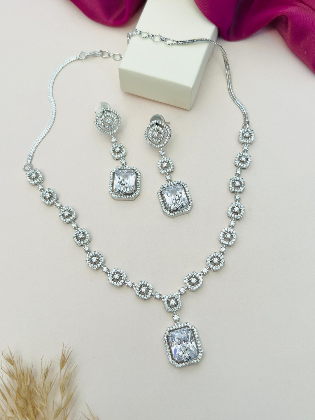 Elegant Square Cut American Diamond Necklace Set | SHOBITAM