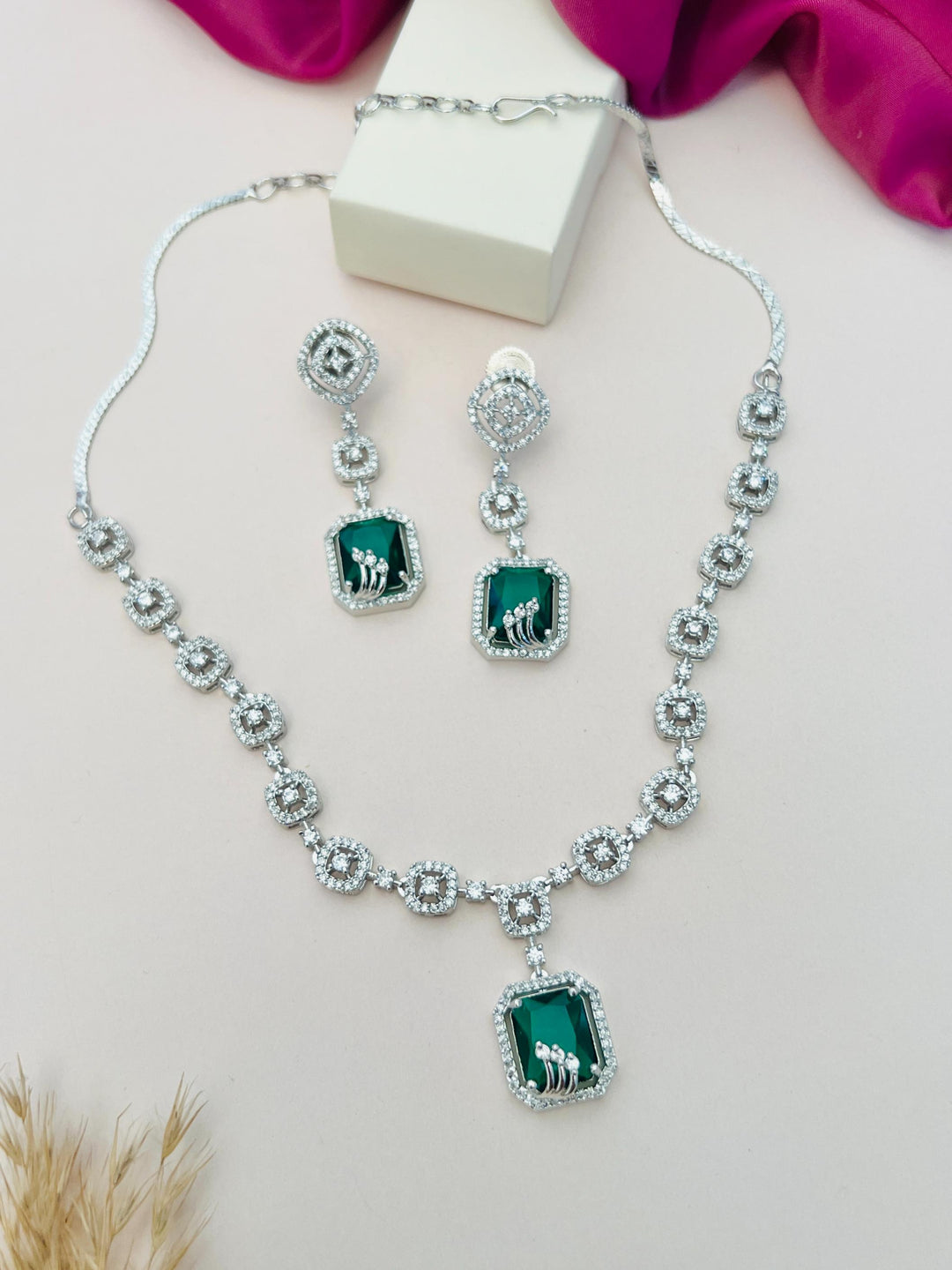 Elegant Square Cut American Diamond Necklace Set | SHOBITAM