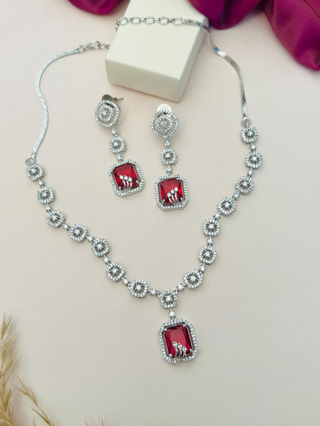 Elegant Square Cut American Diamond Necklace Set | SHOBITAM