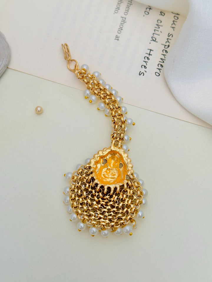 Temple Gold Plated Goddess Laxmi Maang Tikka with Pearl Drops | SHOBITAM