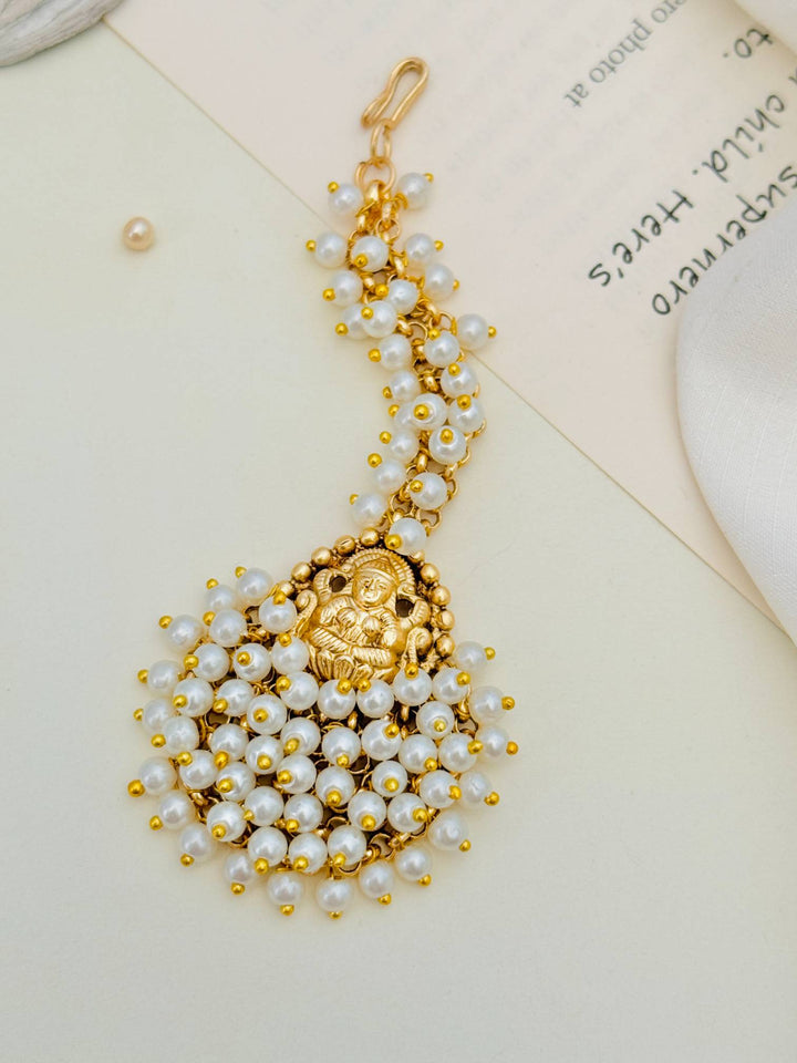 Temple Gold Plated Goddess Laxmi Maang Tikka with Pearl Drops | SHOBITAM