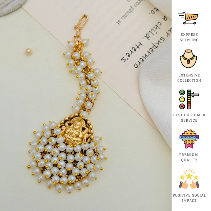 Temple Gold Plated Goddess Laxmi Maang Tikka with Pearl Drops | SHOBITAM