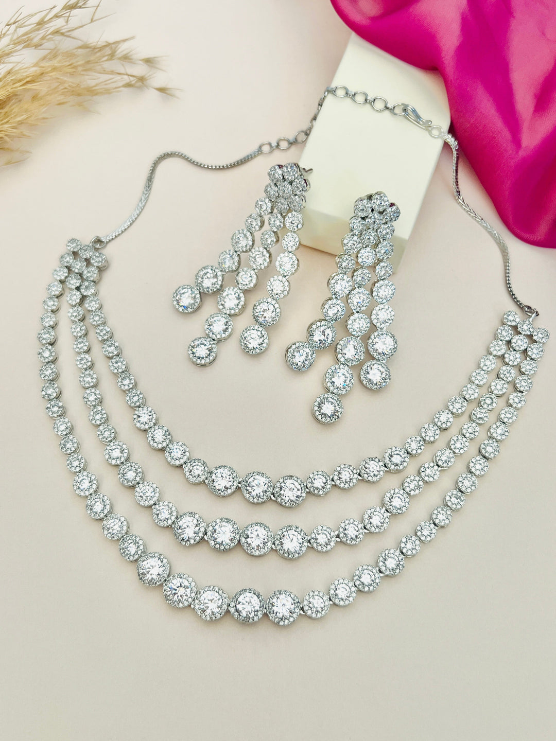 Silver Plated American Diamond Multilayer Necklace Set | SHOBITAM