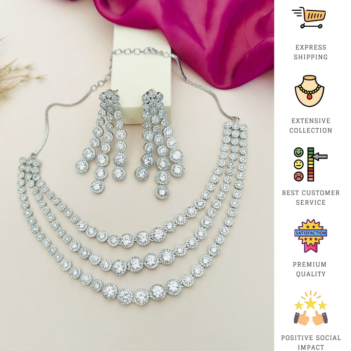 Silver Plated American Diamond Multilayer Necklace Set | SHOBITAM