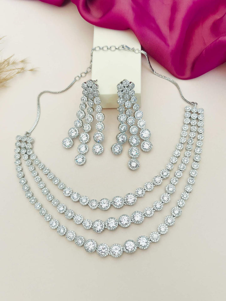 Silver Plated American Diamond Multilayer Necklace Set | SHOBITAM