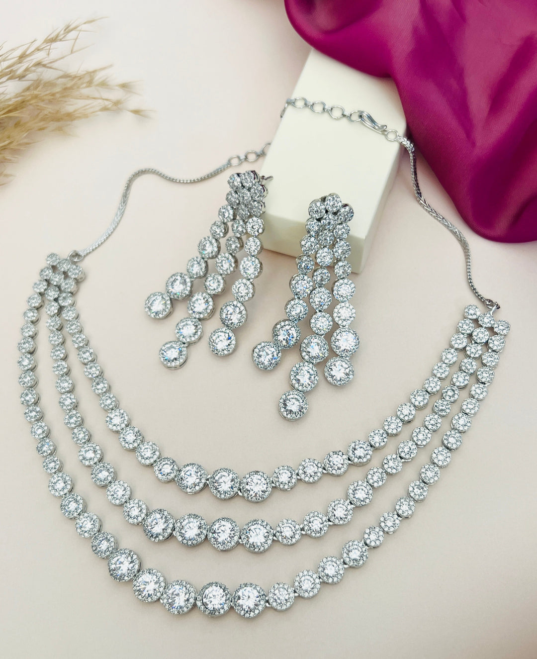 Silver Plated American Diamond Multilayer Necklace Set | SHOBITAM