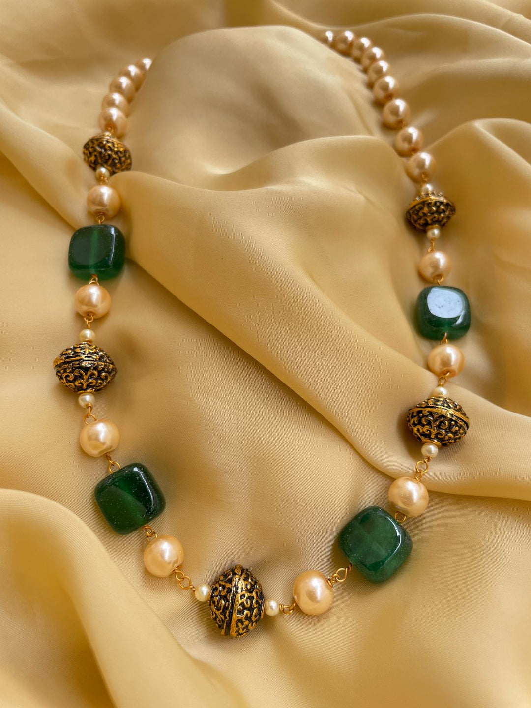 Ruby Emerald Golden Jaipuri Beads Pearls Mala | SHOBITAM