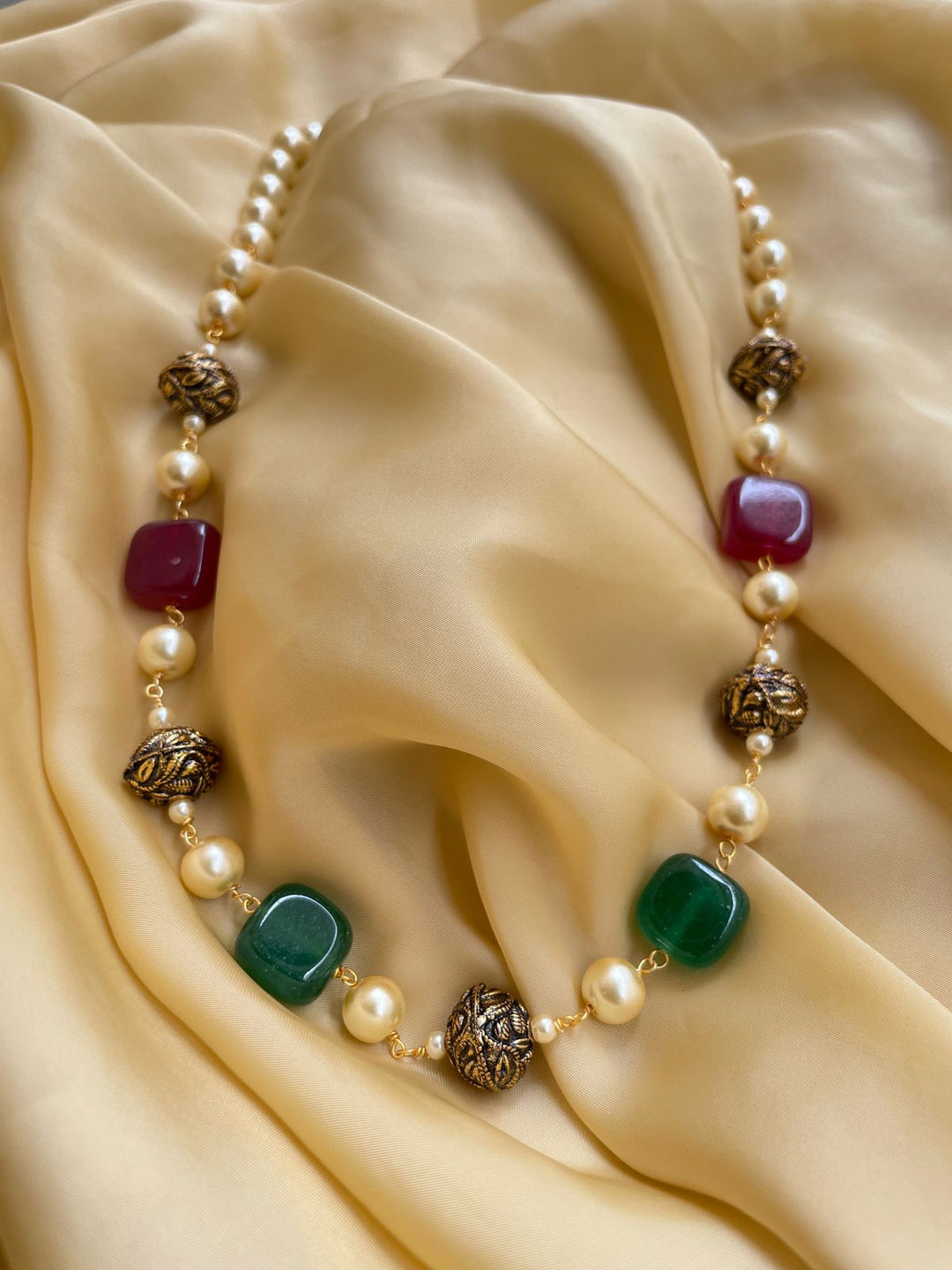 Ruby Emerald Golden Jaipuri Beads Pearls Mala | SHOBITAM