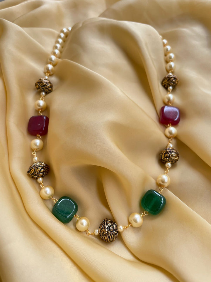 Ruby Emerald Golden Jaipuri Beads Pearls Mala | SHOBITAM