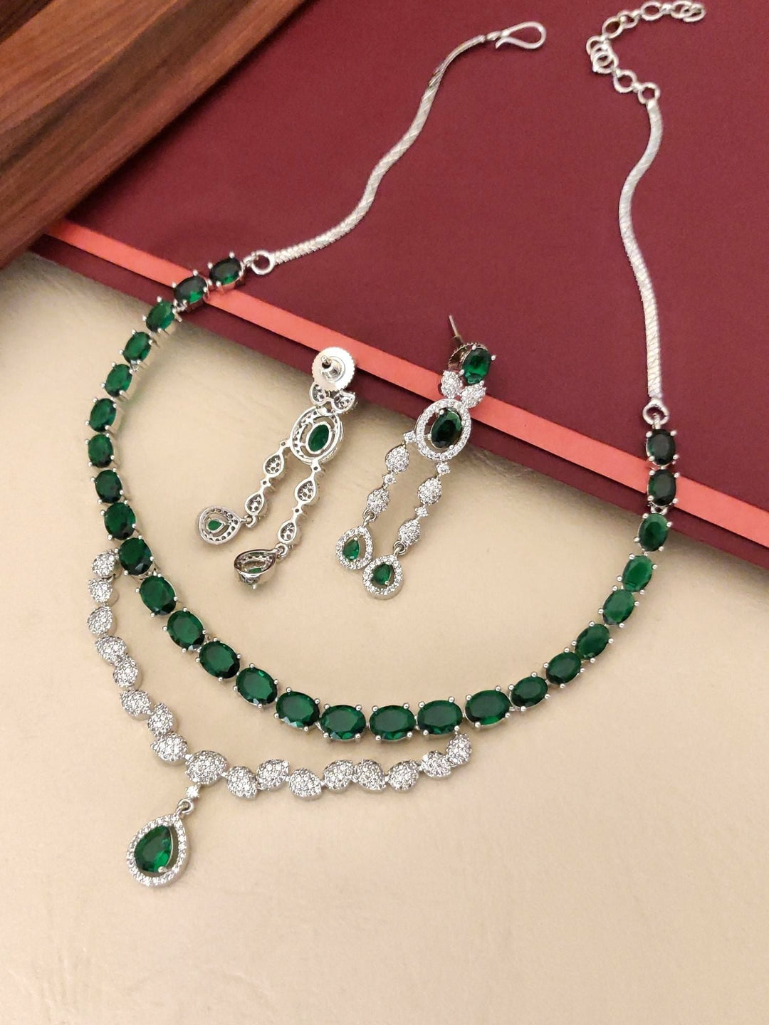 Emerald Green American Diamond Necklace Set | SHOBITAM
