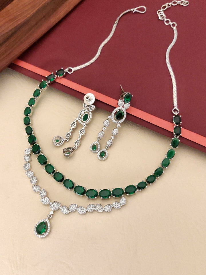 Emerald Green American Diamond Necklace Set | SHOBITAM
