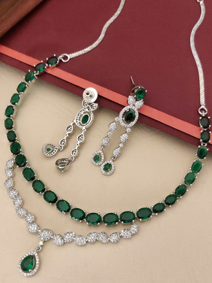Emerald Green American Diamond Necklace Set | SHOBITAM