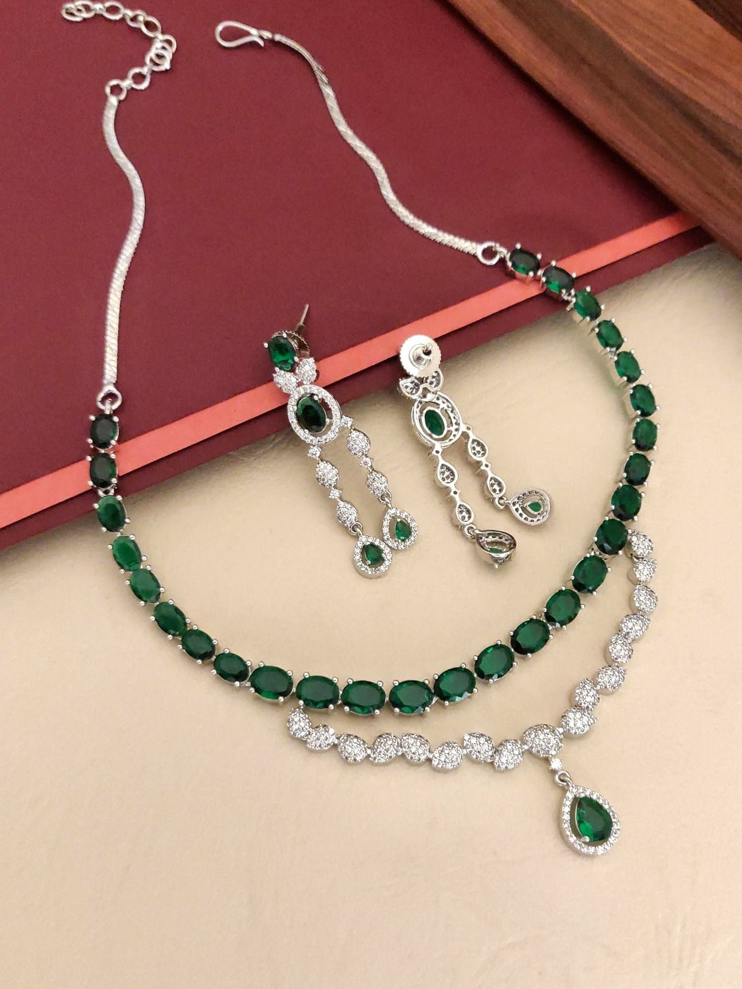 Emerald Green American Diamond Necklace Set | SHOBITAM