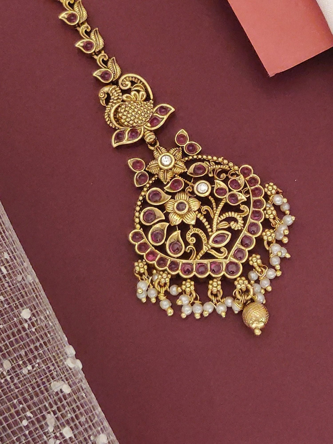 South Indian Antique Gold Plated Maangtikka Pearl Drops | SHOBITAM