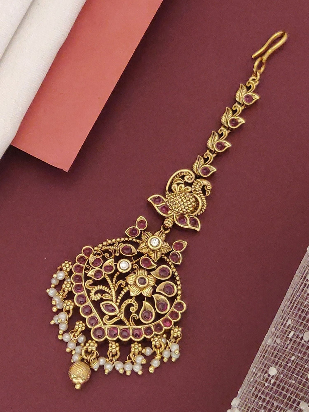 South Indian Antique Gold Plated Maangtikka Pearl Drops | SHOBITAM