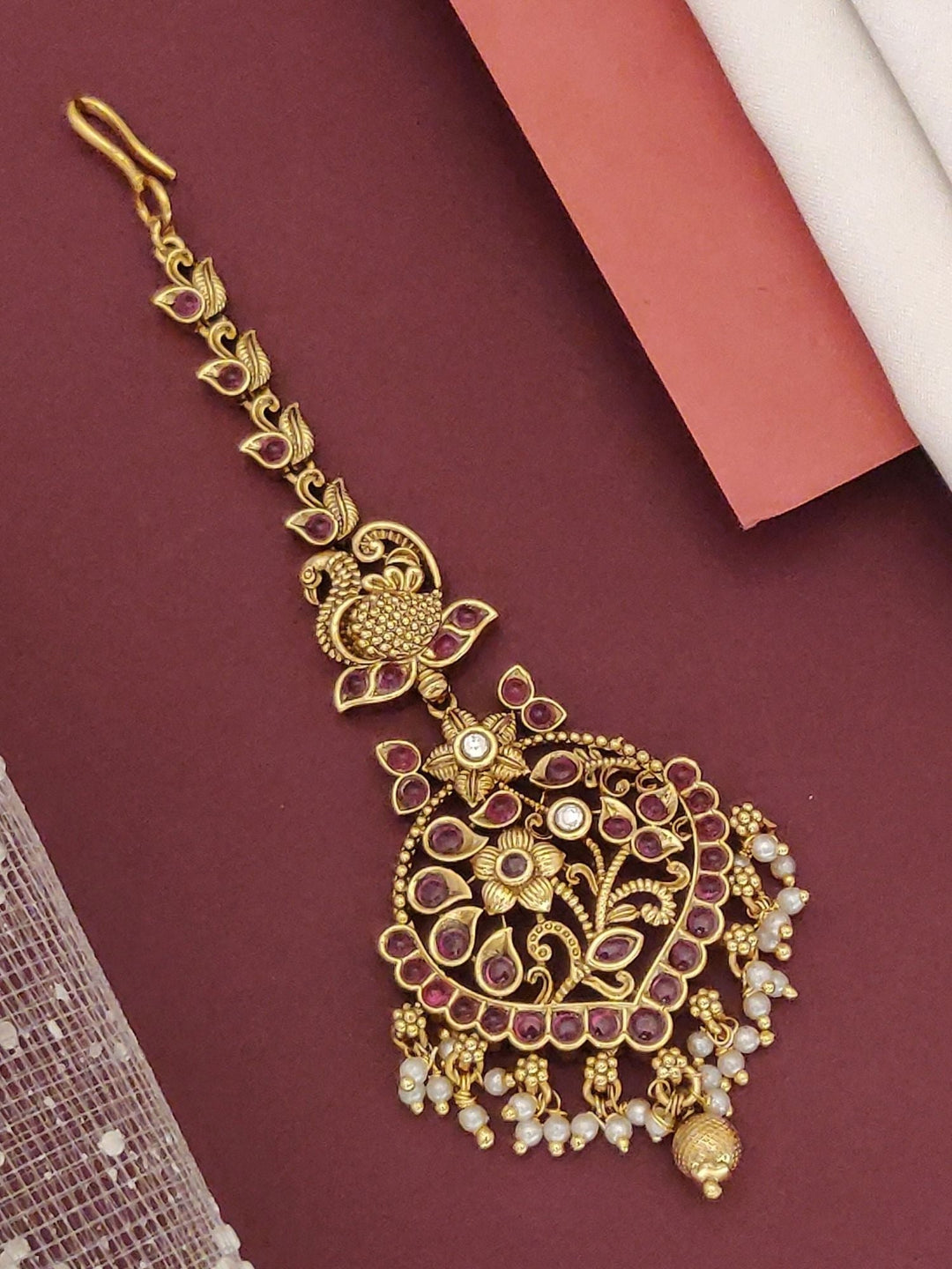 South Indian Antique Gold Plated Maangtikka Pearl Drops | SHOBITAM