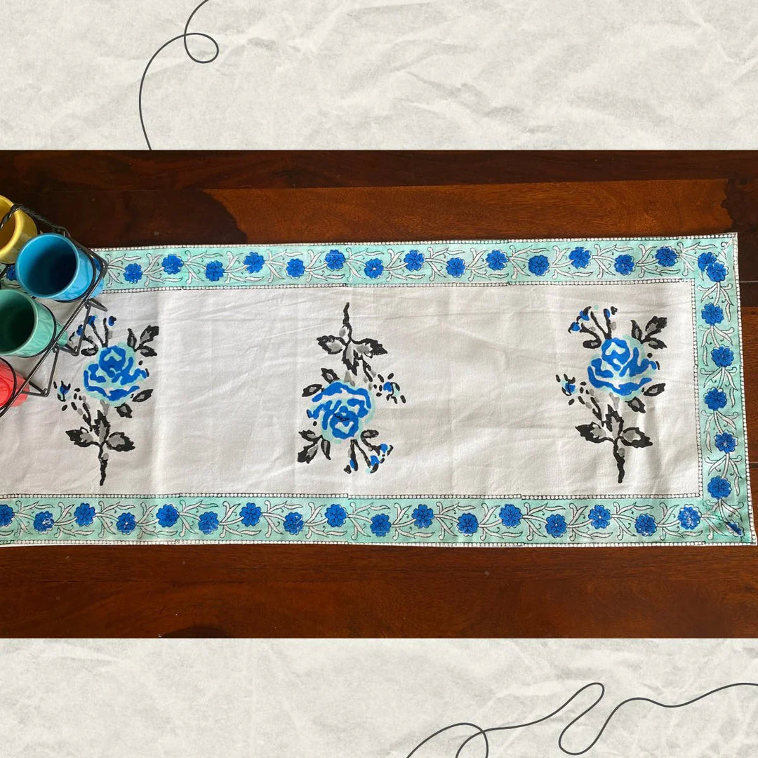 Abeer Hand Block Print Table Runner, 100% cotton, 13" x 72"