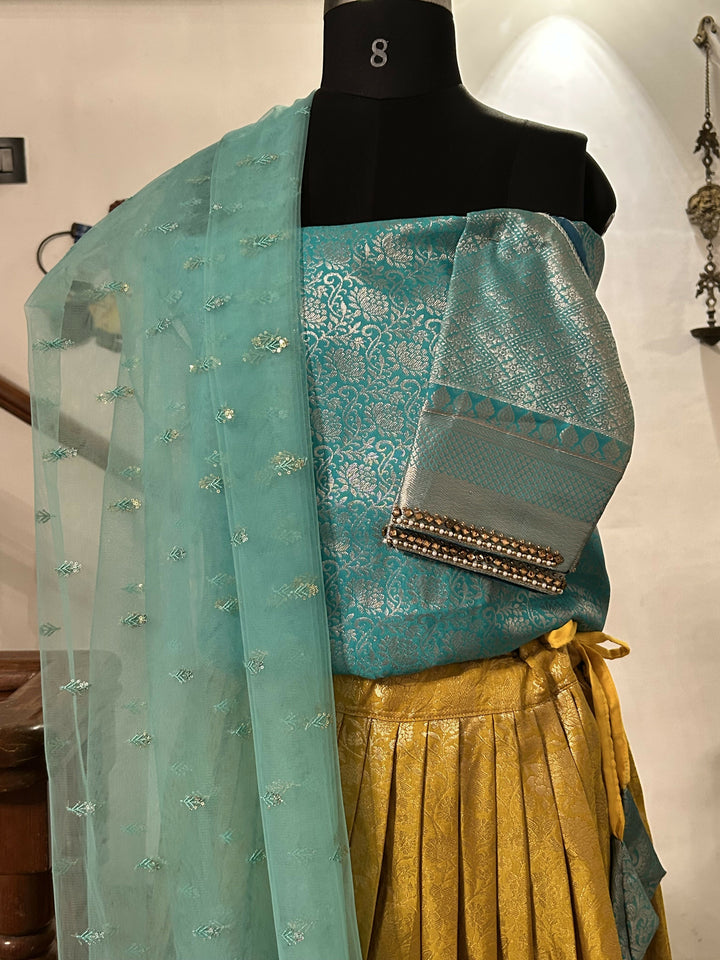 Mustard, yellow with Aqua blue Semi Kanchi lehanga Set