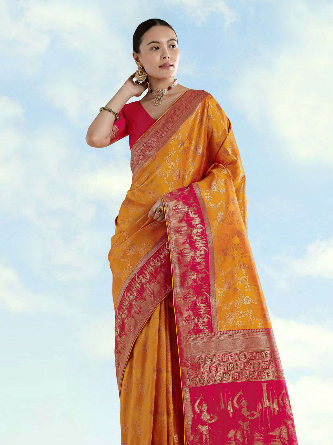 Orange Banarasi Semi Silk Saree With Zari Woven Design | SHOBITAM