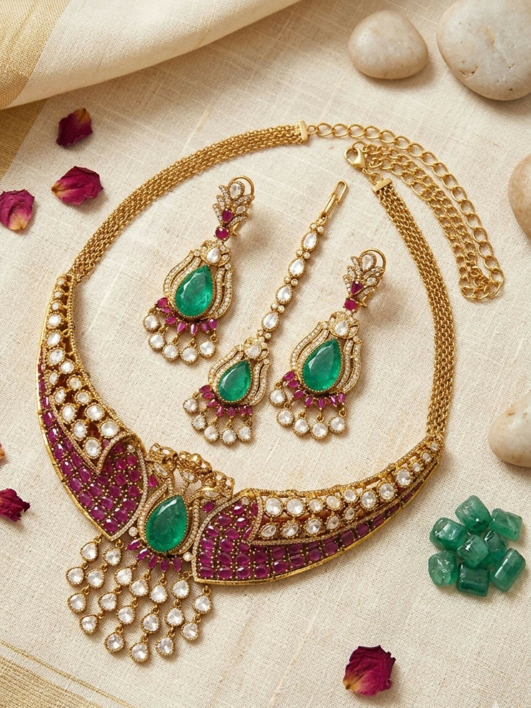 Elegant Kundan & Emerald Teardrop Choker Set with Maang Tikka | shobitam