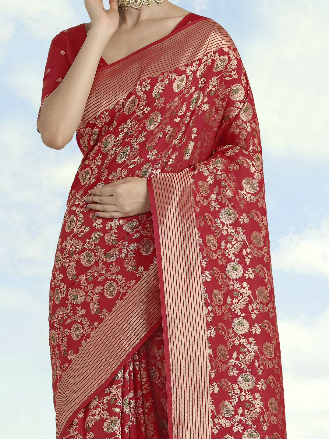 Banarasi Silk Red Zaal Pattern Saree | SHOBITAM