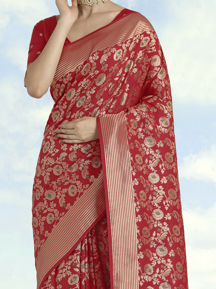 Banarasi Silk Red Zaal Pattern Saree | SHOBITAM