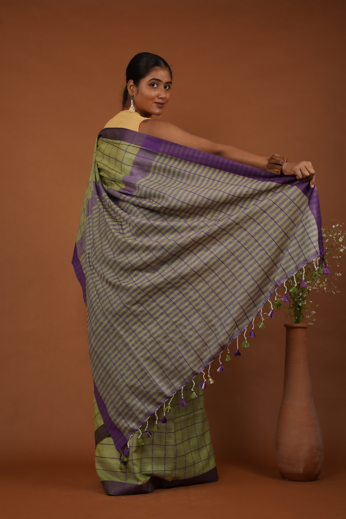 Vanika Rekha Handwoven Olive Green Cotton Saree  | SHOBITAM